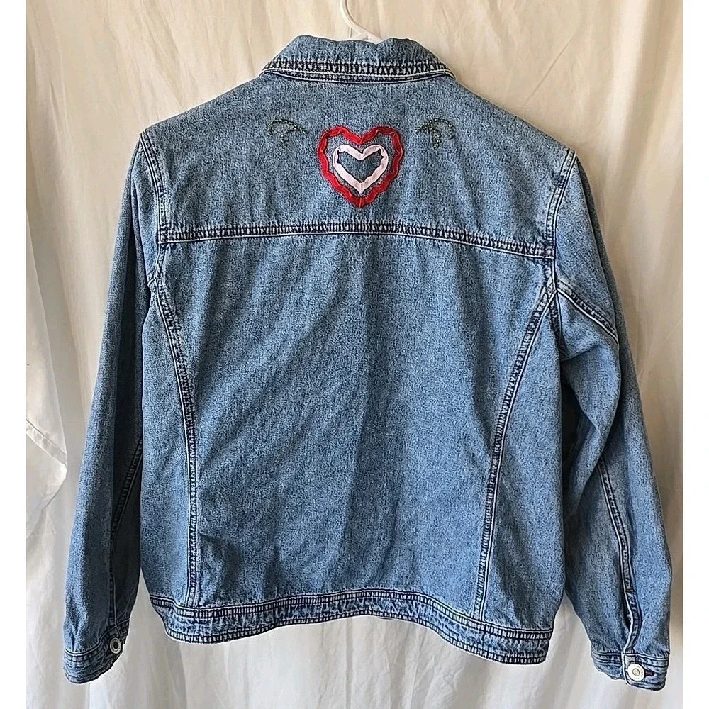 Crystal Kobe Denim Jacket With Fabric & Beaded Heart Designs Button-Up Size S‎